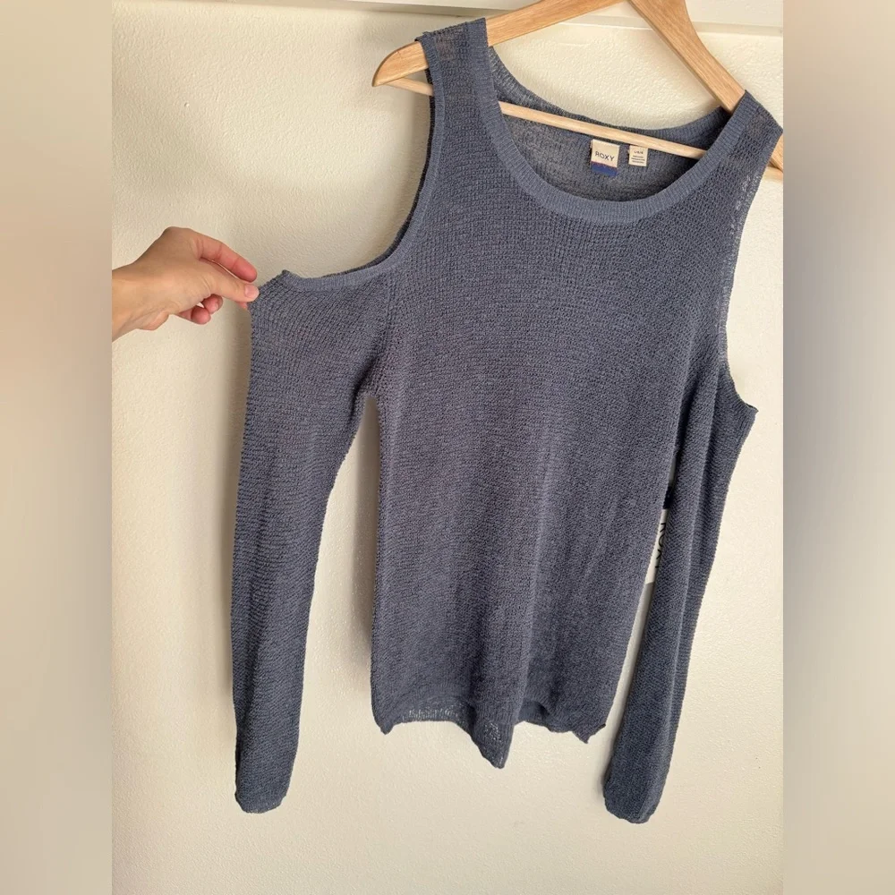 Roxy Cold Shoulder Sweater Top Blue Knit Long Sleeve Size L